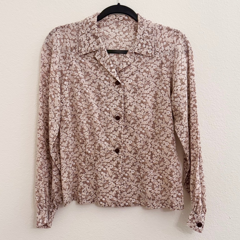 Vintage 80s Handmade Fall Floral Blouse S M Brown Button Down Prairie Librarian